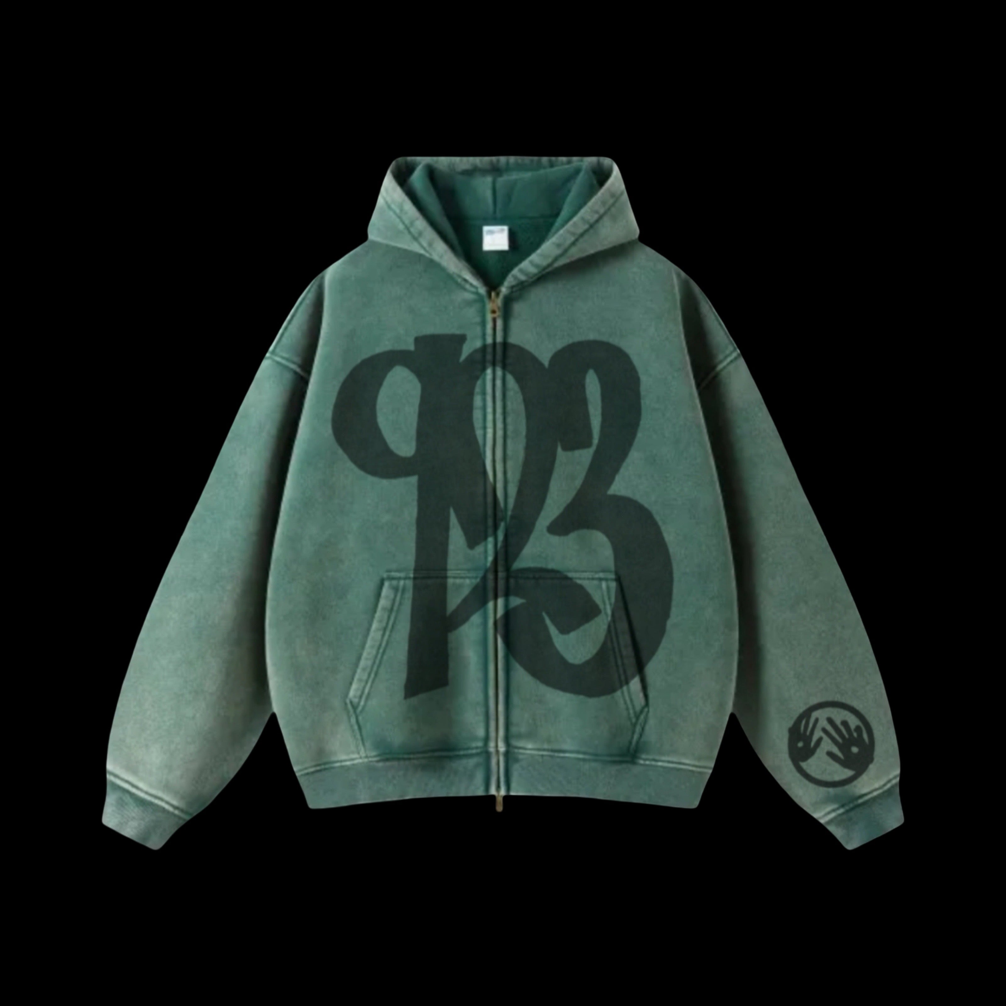 Washed Double-Zip up hoodie (Green)